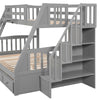 Twin-Over-Full Bunk Bed with Drawers，Ladder and Storage Staircase, Gray