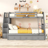 Twin-Over-Full Bunk Bed with Drawers，Ladder and Storage Staircase, Gray